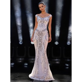 Elegant Off-Shoulder Sequin Mermaid Gown for Women - Luxurious V-Neck, Fitted Waist, Flared Hem, Sparkling Embellishments, Perfect for Parties, Weddings, and Formal Events, Formal Evening Gown