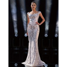 Elegant Off-Shoulder Sequin Mermaid Gown for Women - Luxurious V-Neck, Fitted Waist, Flared Hem, Sparkling Embellishments, Perfect for Parties, Weddings, and Formal Events, Formal Evening Gown