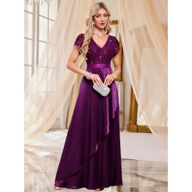 Elegant Purple Sequin Lace-Trimmed V-Neck Gown with Ruffle Sleeves and Flowing Skirt - Perfect for Formal Events, Formal Event Attire|Sequin Embellished Dress|Lace Trim Detail, Elegant Party Dress For Women, Elegant Dress For Women, Elegant Woman'S Dress