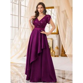 Elegant Purple Sequin Lace-Trimmed V-Neck Gown with Ruffle Sleeves and Flowing Skirt - Perfect for Formal Events, Formal Event Attire|Sequin Embellished Dress|Lace Trim Detail, Elegant Party Dress For Women, Elegant Dress For Women, Elegant Woman'S Dress