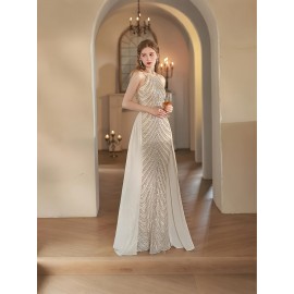 Women's Elegant Champagne Evening Gown - Formal Party Wedding Dress with Sequin Skirt, Mermaid-like Fishtail Train, for Prom, Galas, Hosting Events - Luxury Glamour Dress