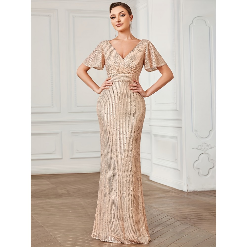 Women's Elegant Formal Wedding gown - Mermaid party dress with Cross V-Neck, Glamorous long evening gown for Proms, galas - Stretchy Polyester Formal Attire for Women, Special Occasion, Fitted Top, Luxurious Finish, Glamorous Eveningwear, Bridal Party