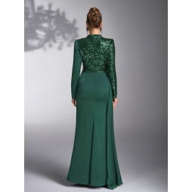 Emerald Green Sequin & Beaded Long Sleeve Bridesmaid Gown - Elegant Stand Collar Evening Dress for Weddings, Prom, Formal Events - All-Season Polyester Evening Dress for Women, Wedding Guest Attire | Sophisticated Bridesmaid Dress | Sequin Embellishments