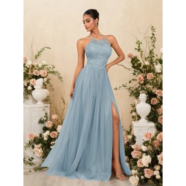 Elegant Blue Lace-Trimmed Maxi Dress with High Slit - Sleeveless, Flowing Design for Weddings, Proms & Formal Events, Perfect for Showcasing Fashionable Style, Formal Event Attire|Sleek Fitted Top|Lace Trim Detail