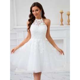 [Elegant Wedding Dress] Elegant Lace Women's Wedding Dress | Sleeveless A-Line Flared Skirt with Round Neck, Built-In Chest Pads & Hand Washable Design for Bridal & Formal Events