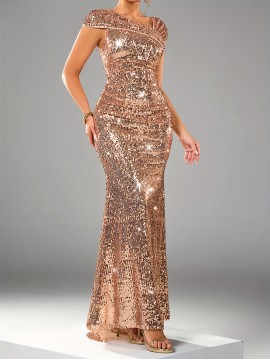 Women's Elegant Sequin Long Evening Gown - High-Waisted Mermaid Backless Formal Dress with Asymmetric One-Shoulder Neckline, Long Sleeve Sparkling Party Wedding Guest Gala Concert Dress, Mermaid Dress