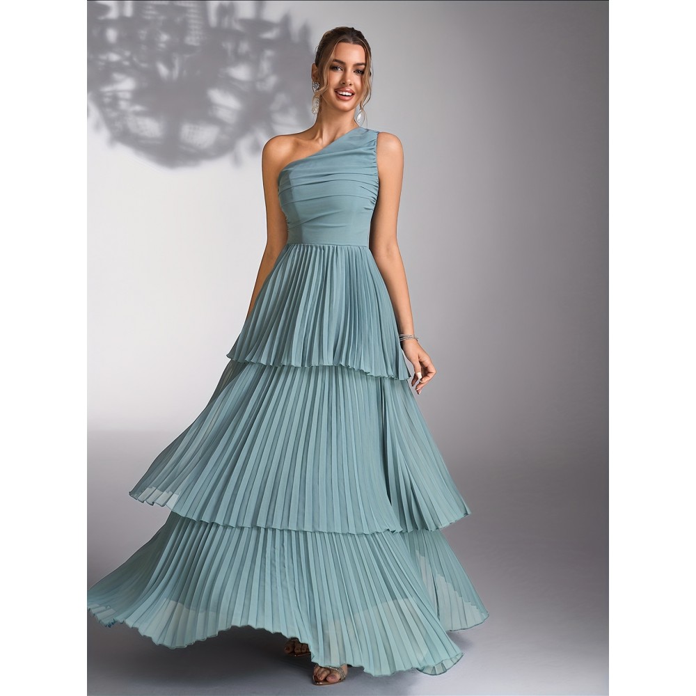 Elegant Mint Green Bridesmaid Evening Gown with Asymmetrical Neckline & Tiered Ruffled Skirt - Sleeveless A-Line Wedding Dress for Women, Perfect for Weddings and Formal Events, Dresses for Wedding Guest, Wedding Guest Attire, Sophisticated Craftsmanship