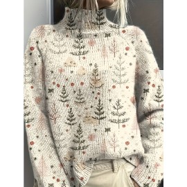 Women'S Elegant High-Neck Sweater with Tree Print - Soft Beige, Long Sleeve, All-Season Wear, Perfect for Casual or Chic Outfits, Versatile Clothing | Chic Knitwear | Texture