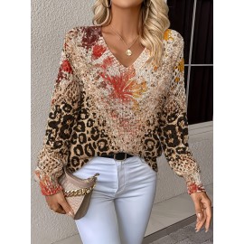 Elegant Bohemian V-Neck Long Sleeve Top for Women - Chic Floral Print, All-Season Versatile Pullover with Ruffled Sleeves, Perfect for Office, Streetwear, Home & Travel, Versatile Fashion|Vneck Top|Allseason Top