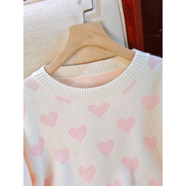 Women's Sweater - Soft Pink Heart pattern Sweater, Chic Crewneck Pullover for Everyday & Formal Outfits, All-Season Elegant Women's Sweater, Versatile Fashion, Sweet Aesthetic Top, Comfortable Fit, Durable Fabric