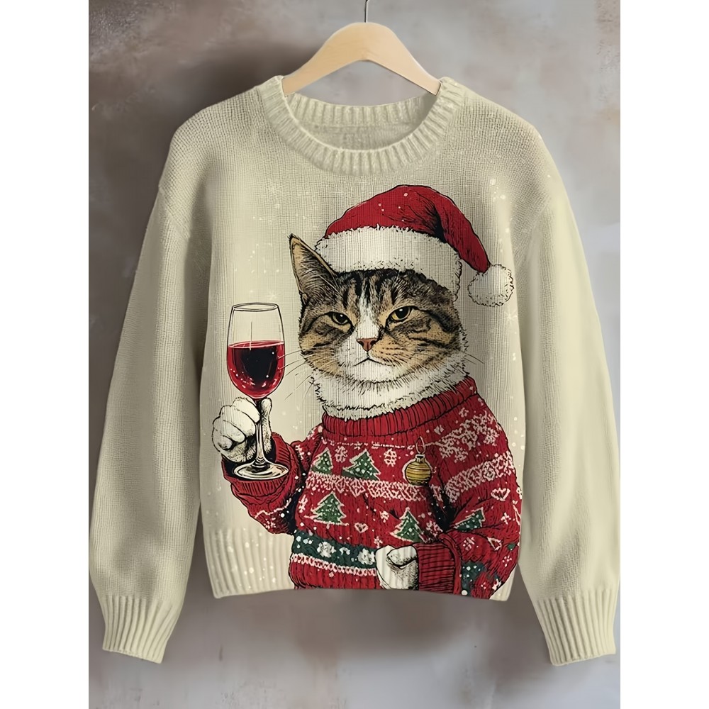 Women'S 3D Printed Cat & Wine Glass Sweater - Cozy Crew Neck, Long Sleeve, Festive Holiday Design with Santa Hat & Christmas Tree, Perfect for Fall & Winter, Holiday Sweater | Festive Cat Design | Construction, Cat Sweater