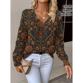 [Elegant Bohemian Sweater] Elegant Bohemian Women's V-Neck Long Sleeve Sweater | All-Season Floral Digital Print Pullover for Office, Streetwear & Home - Versatile Casual Chic Top