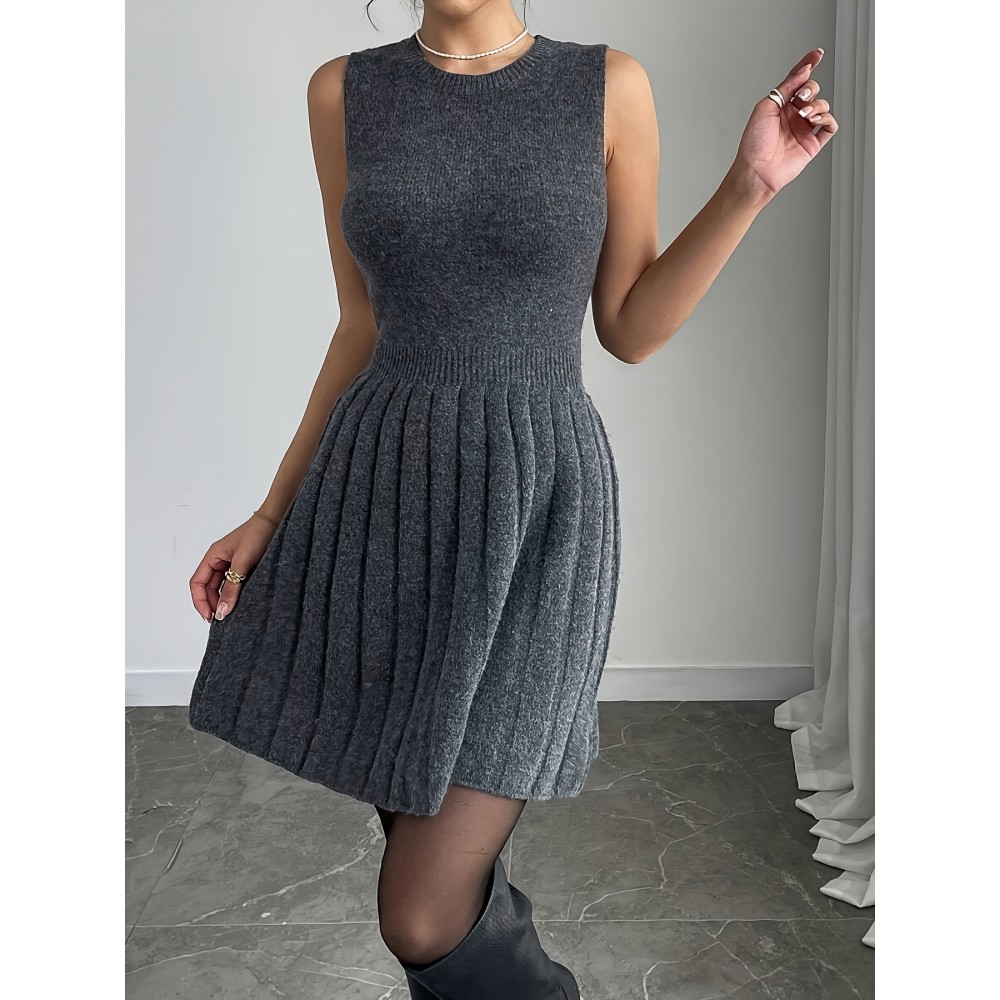 2pcs Elegant Set: Gray Button-Front Long-Sleeve Sweater and Round-Neck Pleated Sleeveless Dress