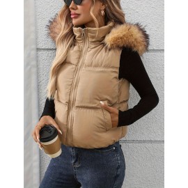 Plus Size Women's Casual Thickened Warm Hooded Jacket - Autumn Winter Machine Washable Zipper Front H-Line Silhouette Solid Color for Outdoor Activities & Casual Attire