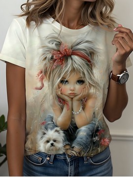 Plus Size Women's Round Neck Short Sleeve T-Shirt with Cute Little and White Dog Outdoor Pattern Print