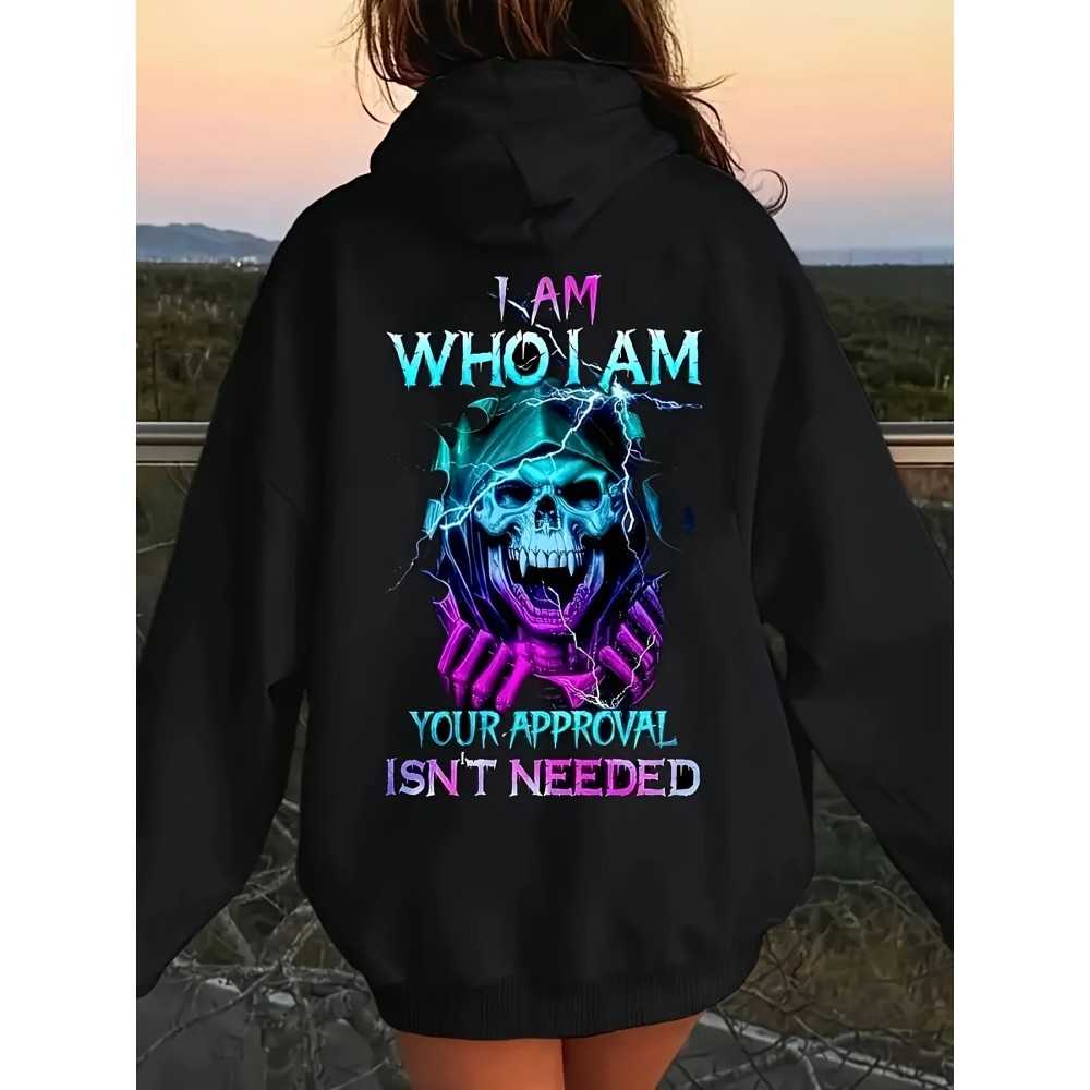 Plus Size Women'S Casual Hoodie with Bold Skull & Letter Print - Soft, Long Sleeve Pullover with Drawstring, Pockets, and 