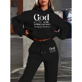 Machine Washable Polyester Blend Women's Casual Hoodie & Jogger Set - Letter Print, Drawstring Waist with Pockets, Perfect for Fall/Winter