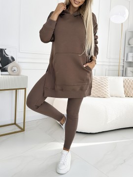 Women'S Elegant Long Sleeve Hoodie & Leggings Set - Cozy Brown Pullover with Drawstring Hood, Slim Fit Pants, Perfect for Fall/Winter, Casual Wear, Casual Wear|Sleek Fitted Top|Stretchy Fabric