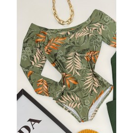 Summer, Off-Shoulder, Floral Print, Bow Tie, Green Summer Pants Set No Other Accessories