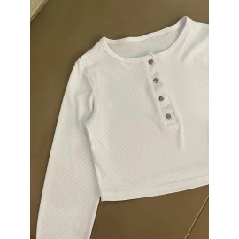 Casual Stretch Slim Fit Crew Neck Button Pullover T-Shirt + Elastic Waist Wide Leg Pants Long Set