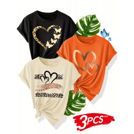 [3pcs Retro Tees] 3pcs Retro Love Heart Graphic Tees | Casual Short Sleeve Women's T-Shirts in Beige, Red & Orange with Golden Accents, Soft Polyester Blend