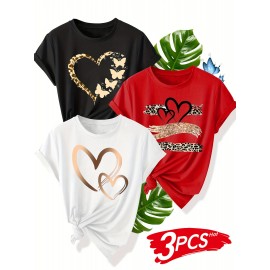 [3pcs Retro Tees] 3pcs Retro Love Heart Graphic Tees | Casual Short Sleeve Women's T-Shirts in Beige, Red & Orange with Golden Accents, Soft Polyester Blend