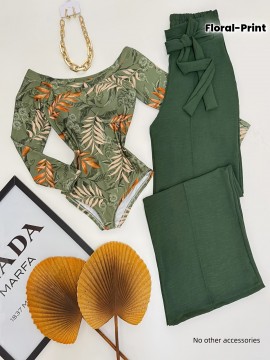 Summer, Off-Shoulder, Floral Print, Bow Tie, Green Summer Pants Set No Other Accessories