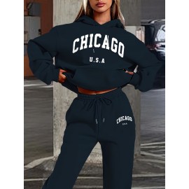 [Chicago U.S.A. Print Hoodie Set] Red Polyester Women's Chicago U.S.A. Letter Print Hoodie & Pants Set - Drawstring, Machine Washable Casual Outfit