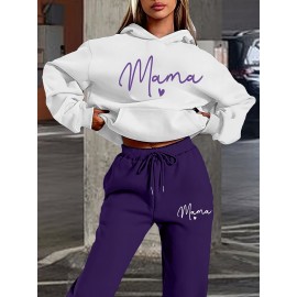 Women's Mother's Day Fashion Casual Sporty Mama Letter Heart Print Set, Premium Autumn/Winter Trendy Youthful Fleece Hoodie and Jogger Pants Two-Piece Outfit, Versatile Hooded Suit, Women's Clothing, Gift Choice